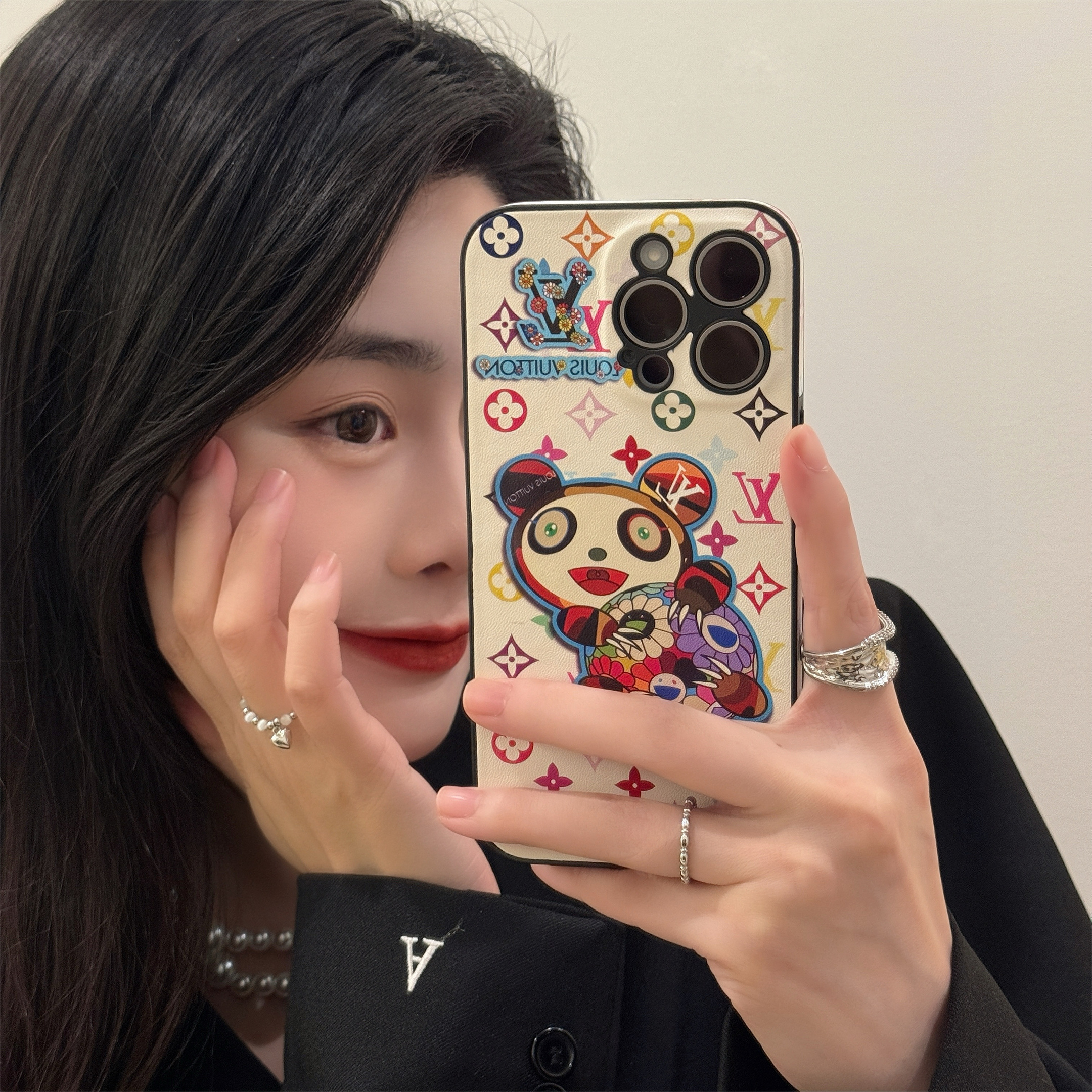 Louis Vuitton x Murakami Canvas Leather Cartoon Panda Apple iPhone Case