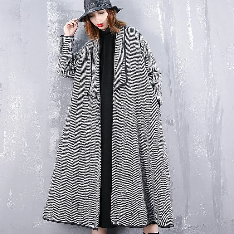 Fine black striped Coats casual turn-down Collar outwear fine pockets long coats