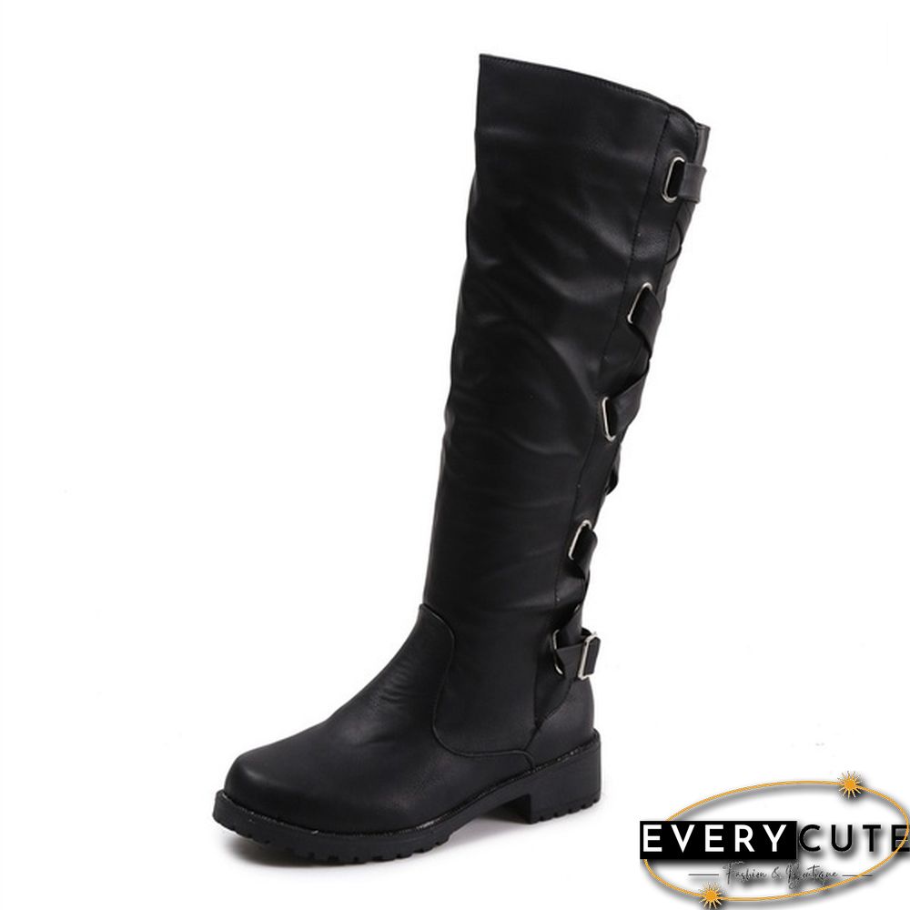 Women Winter Low Heel Belt Buckle Riding Leather Boots Knee High Cowboy Boots (Please Choose A Larger Size)