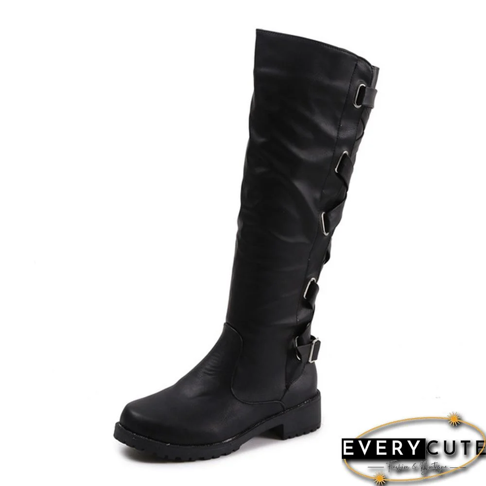 Women Winter Low Heel Belt Buckle Riding Leather Boots Knee High Cowboy Boots (Please Choose A Larger Size)