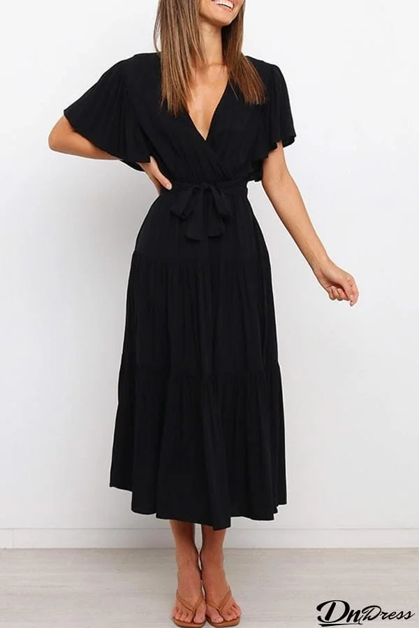 Ruffled Sleeve V-neck Tie Waist Maxi Dress