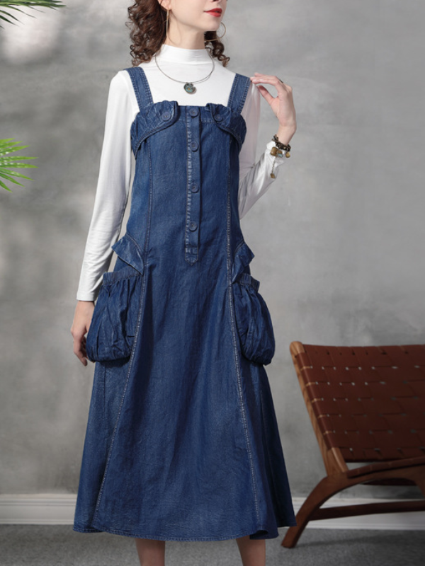 Big Pocket Button Jeans Midi Dress