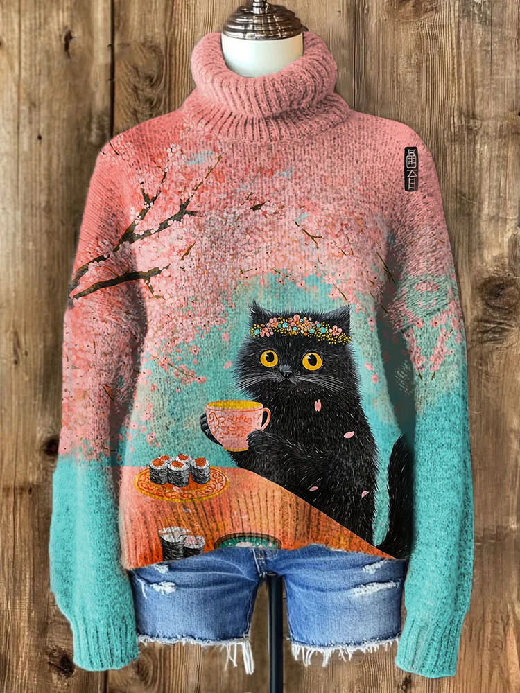 Women's Headband Black Cat Sakura Drinking Tea Japan Art High Neck Knit Sweatshirt