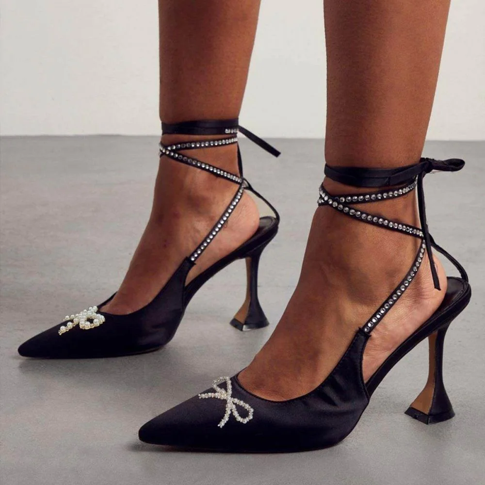 Black Satin Pointed Toe Flared Heels Pearl Bow Strappy Pumps Nicepairs