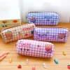 Cute Bear Pink Blue Plaid Large Capacity Brushes Pens Storage Bag Back to School Student Stationery