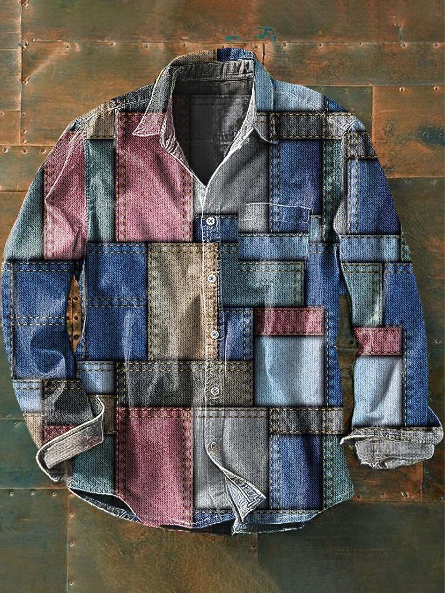 Men's Vintage Denim Patchwork Printed Casual Lapel Long Sleeve Shirt