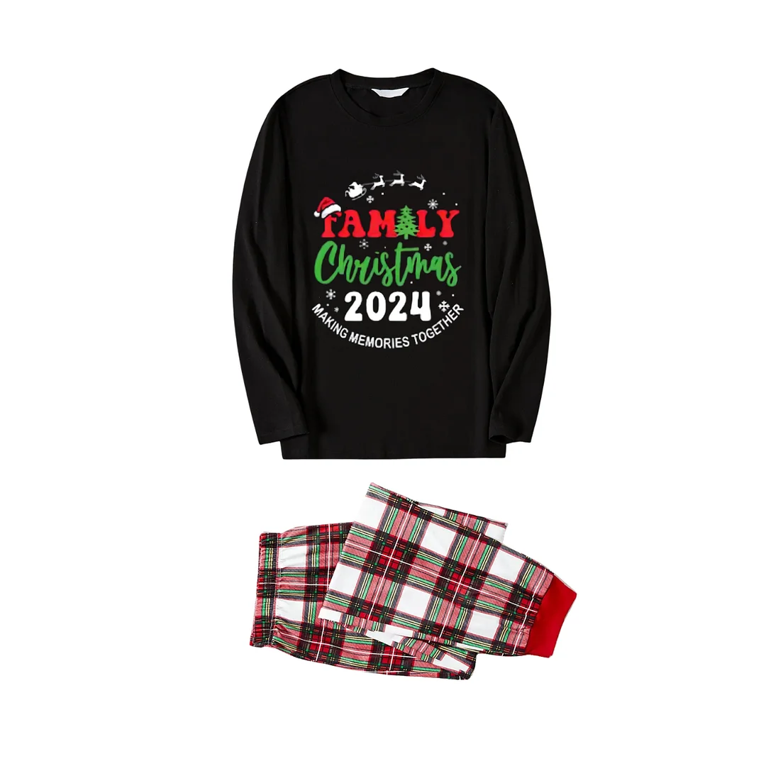 "Family Christmas 2024 Making Memories Together" Pattern Ⅳ- Black Top with Red & White & Green Plaid Pants Family Matching Pajamas