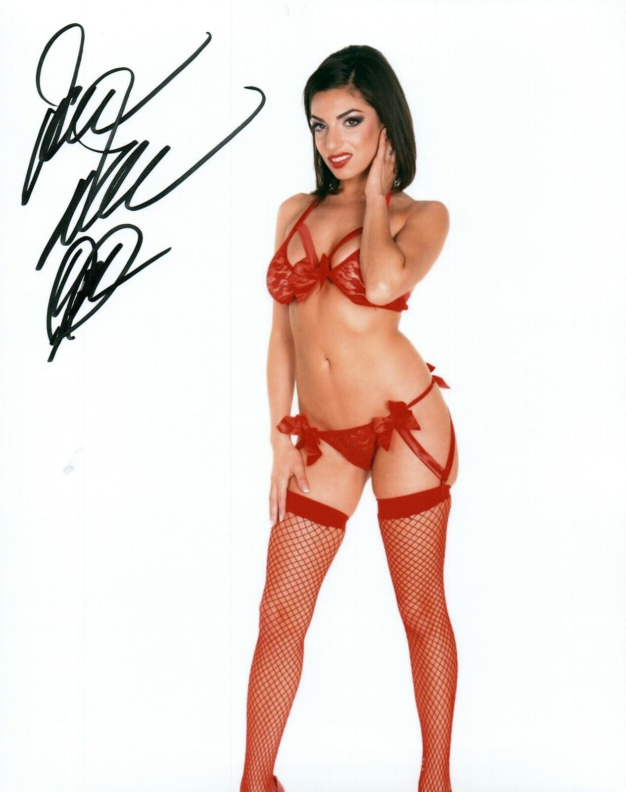 Darcie Dolce Red Lingerie Sexy Adult Model Signed 8x10 Photo Poster painting COA Proof 48A
