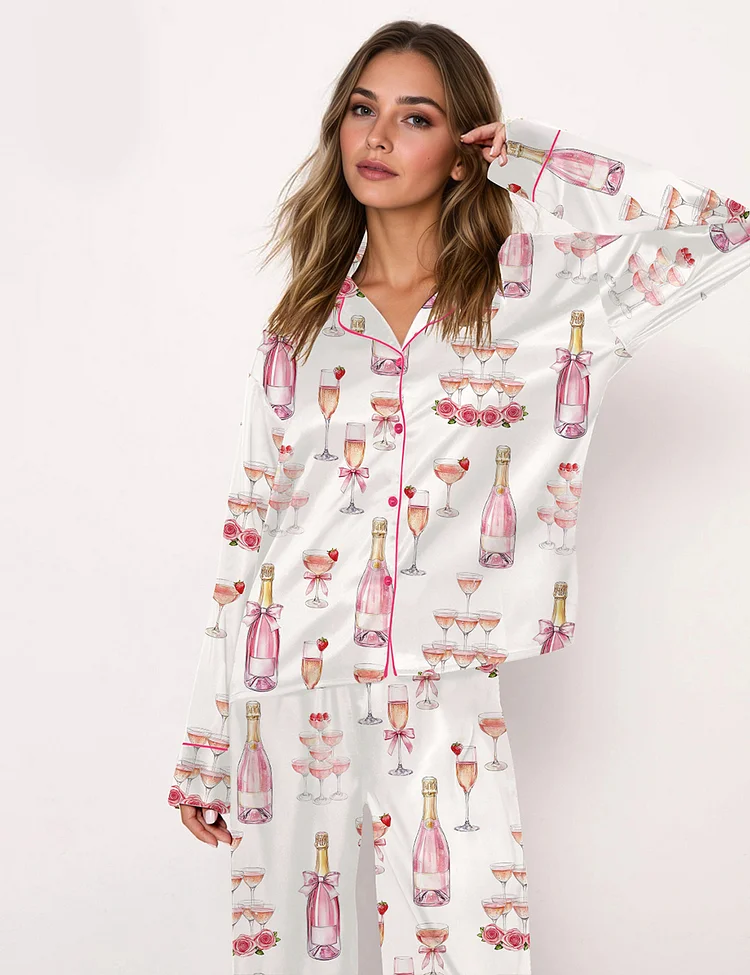 Women&rsquo;s Pink Champagne Bridal Shower Champagne Tower Celebration Long Sleeve Pajama Set