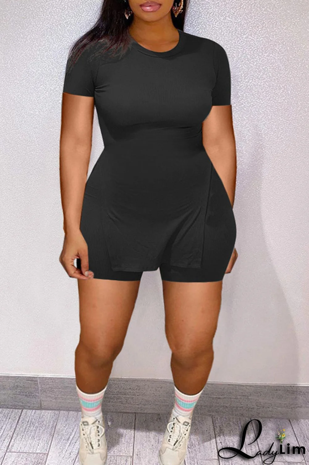 Black Fashion Casual Solid Slit O Neck Plus Size Two Pieces