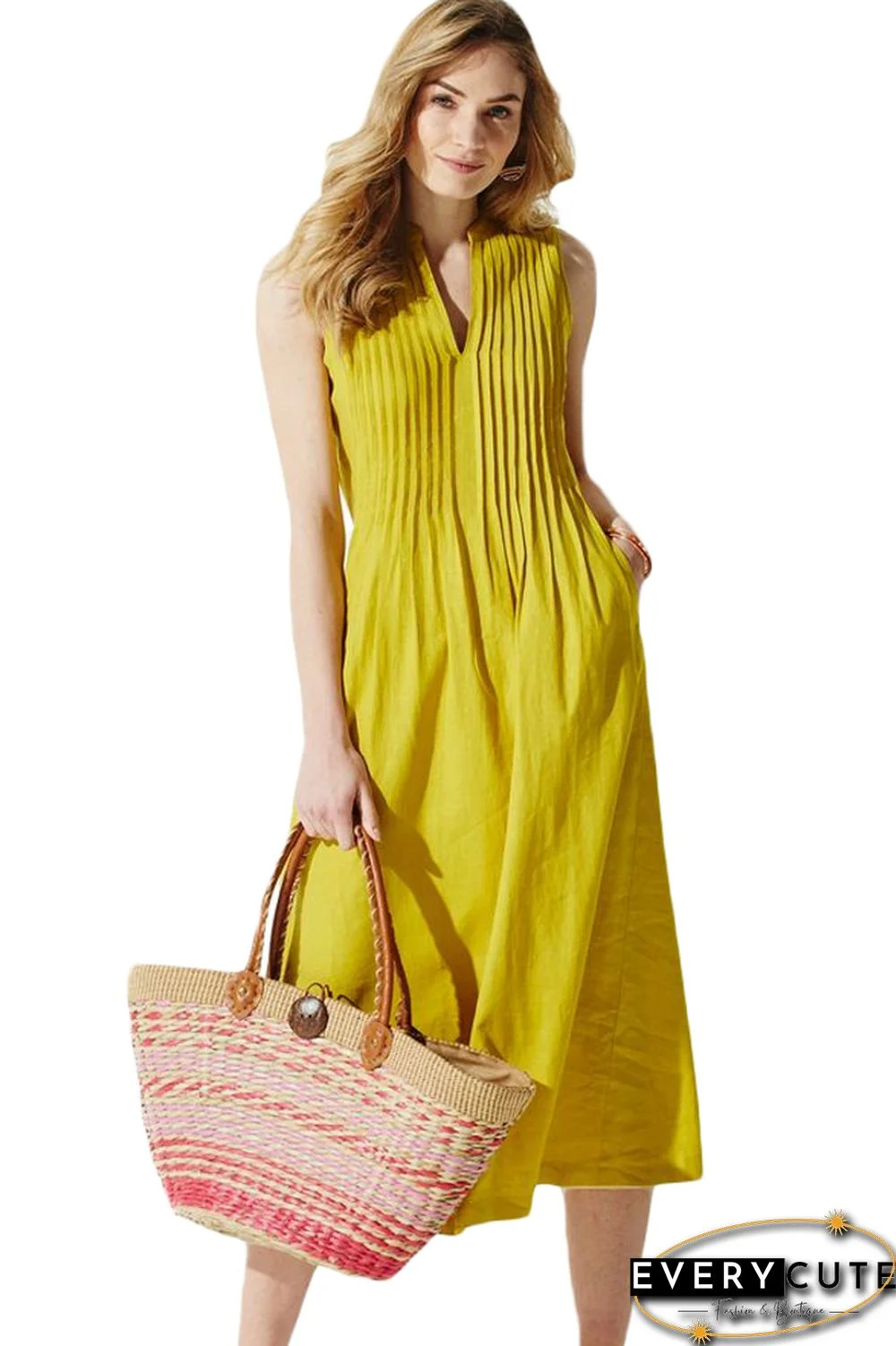 Yellow V Neck Pleated Sleeveless Dress
