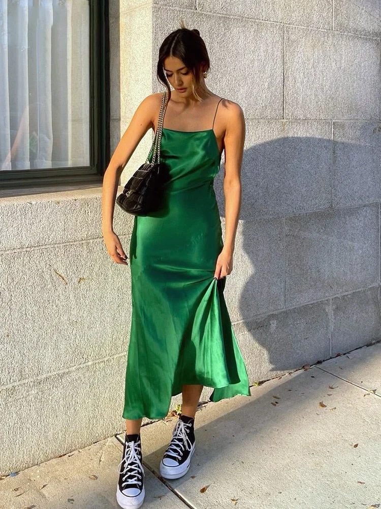 JacuqeLine 2022 Backless Y2K Green Midi Satin Sexy Dress Woman Summer Sleeveless Elegant Club Bodycon Dresses For Women Party
