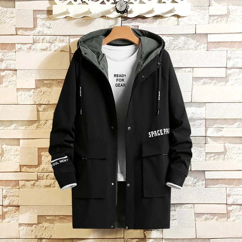 2020 Casual Men's Black Green Windbreaker Jackets Long Trench Coat For Spring Autumn Winter Clothes