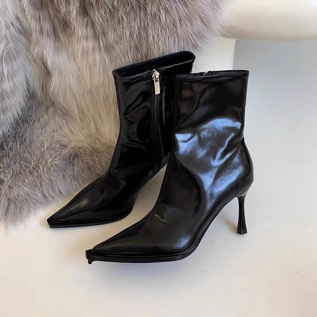 Breakj Breakj Autumn Sharp Leather Fashion Thin Short Boots Women's Side Zipper Fine And High And Thin Boots Naked Boots