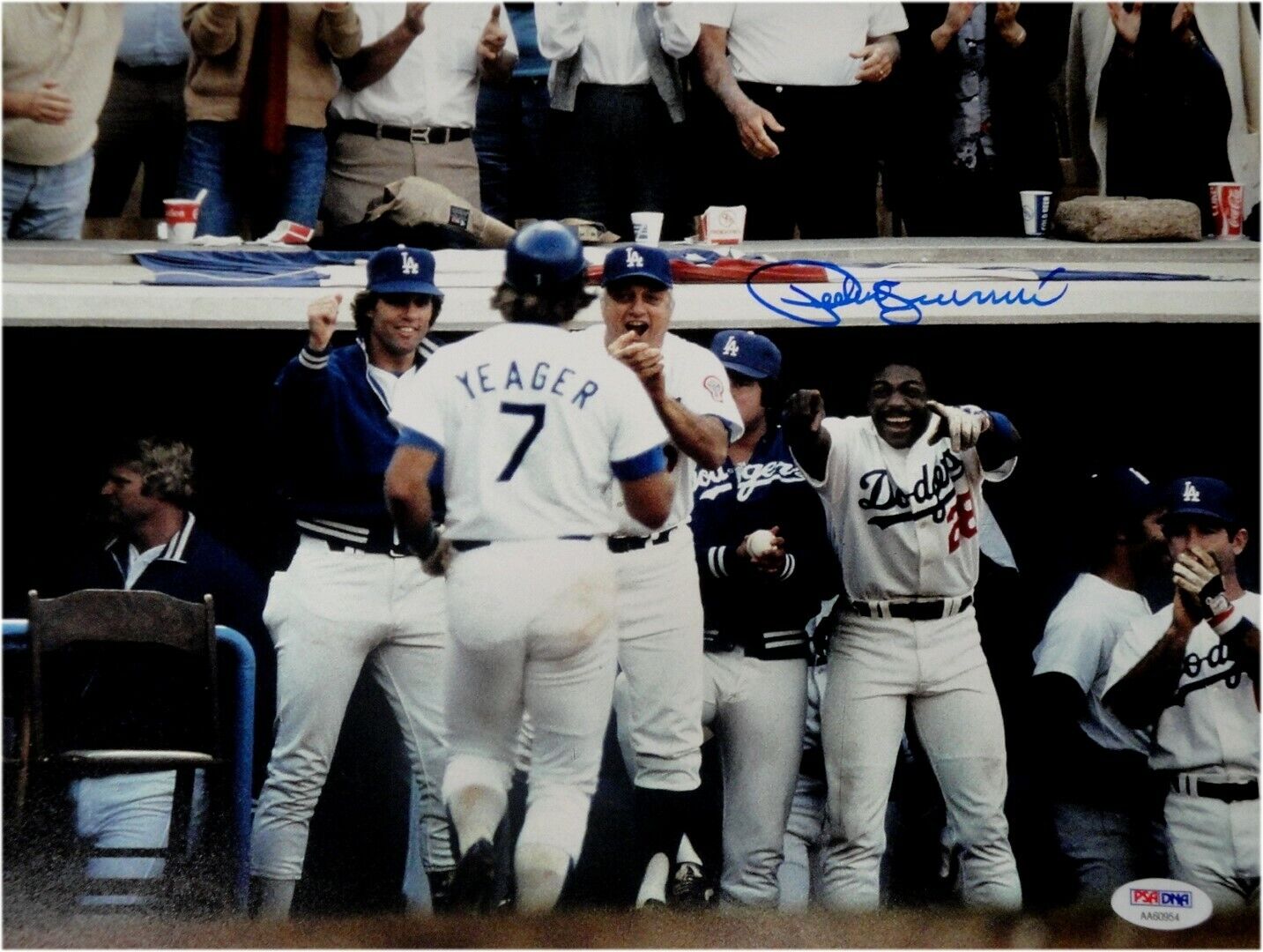 Pedro Guerrero Signed Autograph 11x14 Los Angeles Dodgers Smiling in Dugout PSA