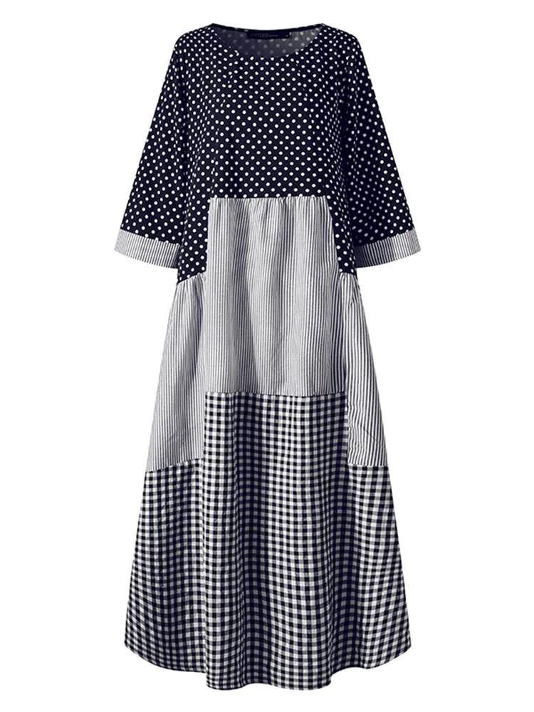 Casual Plaid Kaftan Sundress Women ZANZEA Spliced Dresses Printed Maxi O-Neck Holiday Bohemian Vestidos Robe Femme