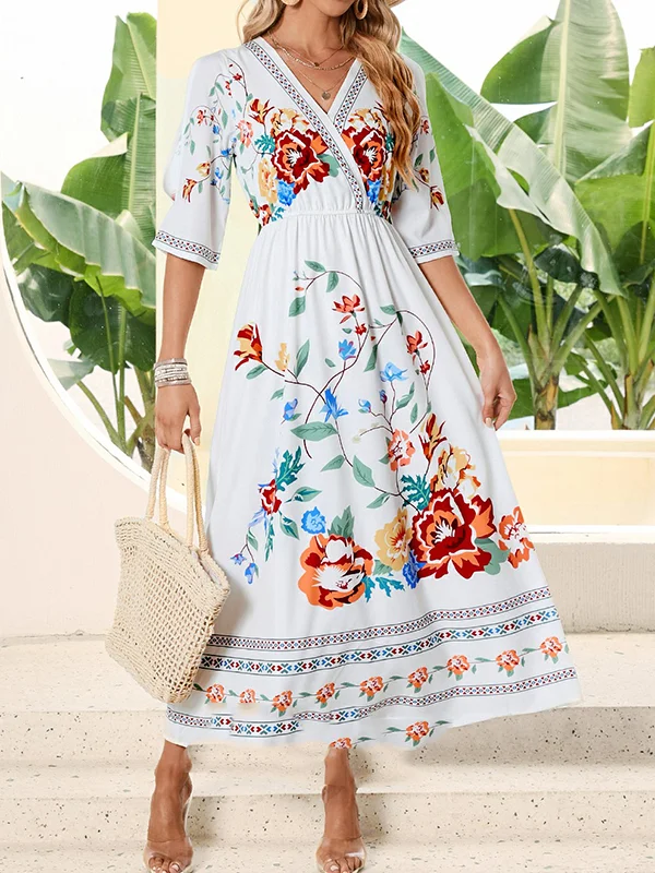 Flower-Embellished Ruffled Split-Side Bandeau Wrap Off-The-Shoulder Maxi Dresses