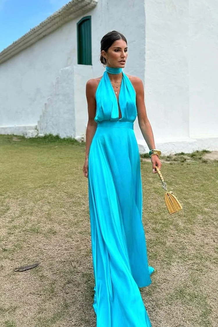 Charming Sleeveless Halter V Neck Long Prom Dress With Pleated XJ0640