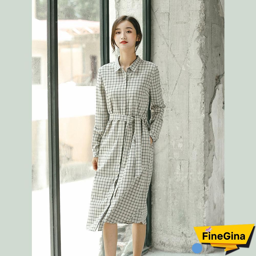 2018 Plaid fall casual linen dress baggy turn-down Collar linen dress