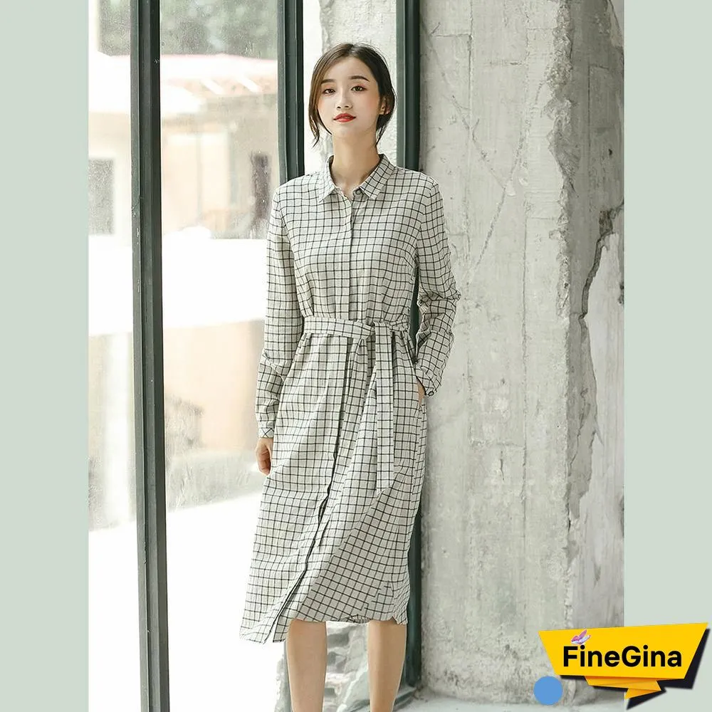 2018 Plaid fall casual linen dress baggy turn-down Collar linen dress
