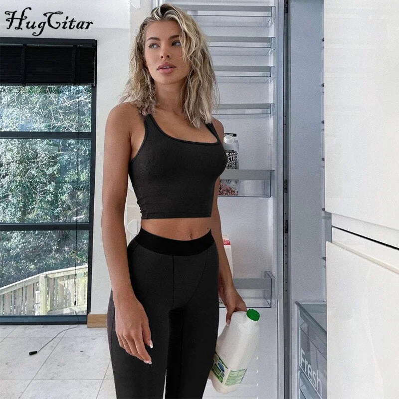 Hugcitar 2021 Solid Sexy Camis Tank Top Skirt 2 Pieces Set Summer Women Streetwear Tracksuit Club Y2K