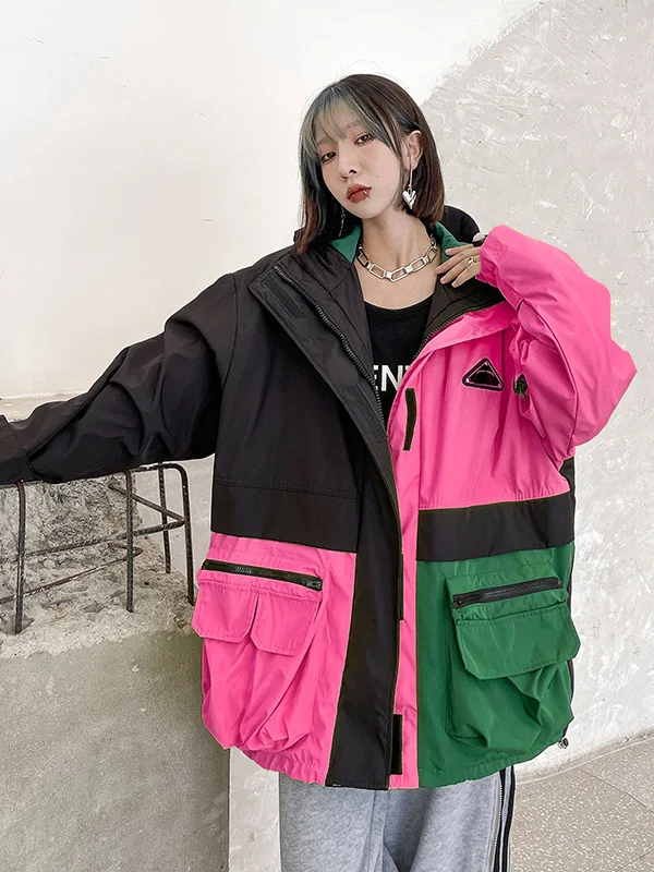 Casual Loose Contrast Color Hooded Padded Coat