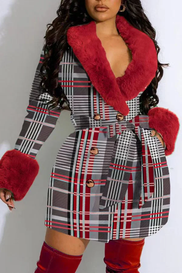 Faux Fur Patchwork Feminine Belted Plaid Coat