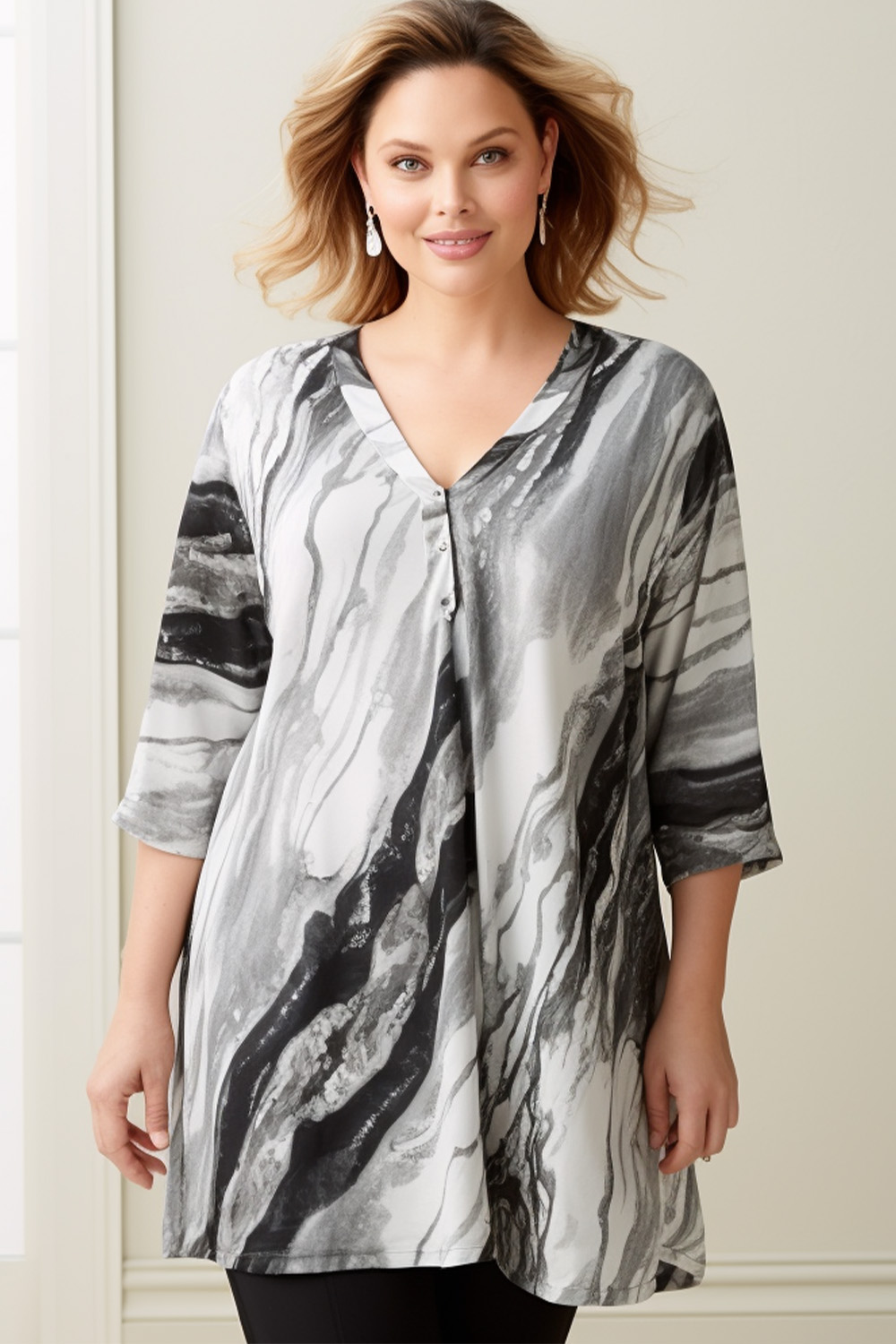 Flycurvy Plus Size Everyday Grey Marble Print 3/4 Sleeve Asymmetric Hem Blouse 2024 - Flycurvy 
