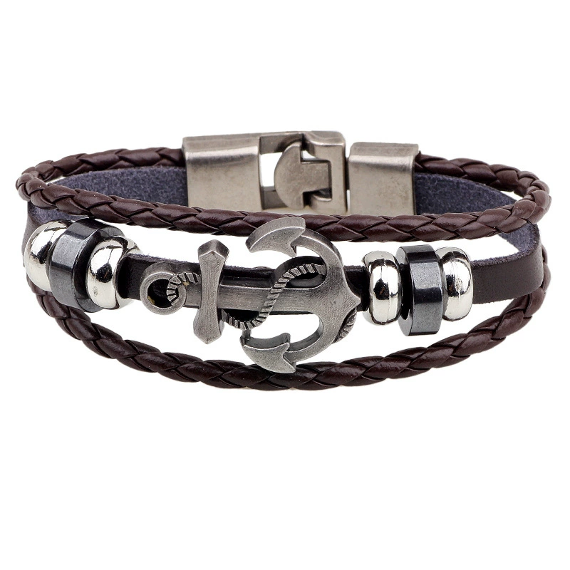 Vintage Anchor Multi - layer Braided Versatile Cowhide Leather Bracelet