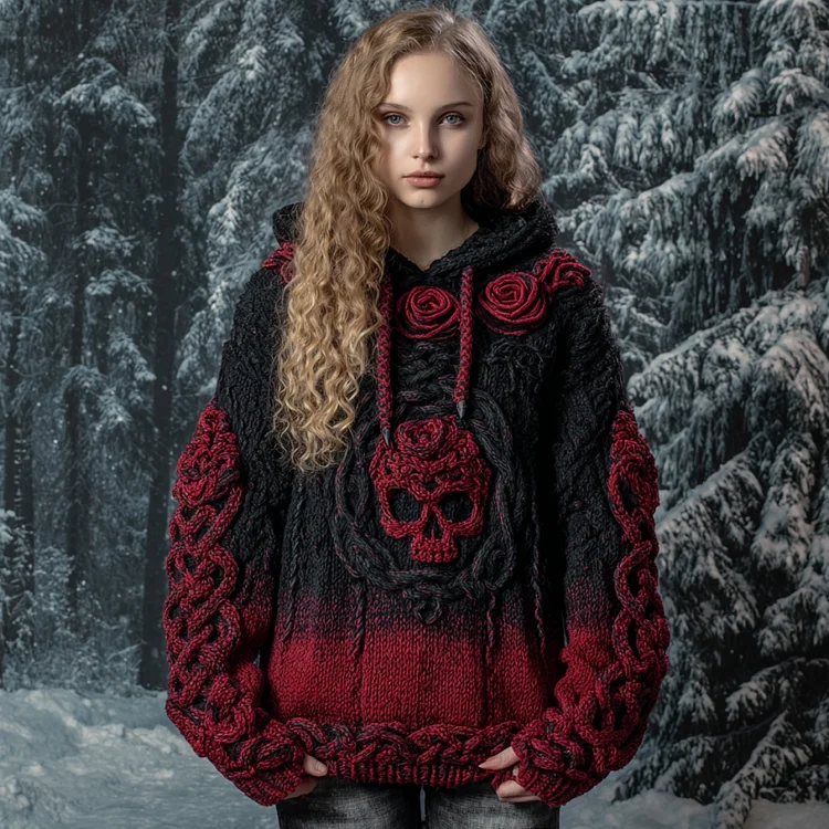 Women's Vintage Viking Tribal Celtic Skull Gradient Art Chunky Knit Hooded Sweater