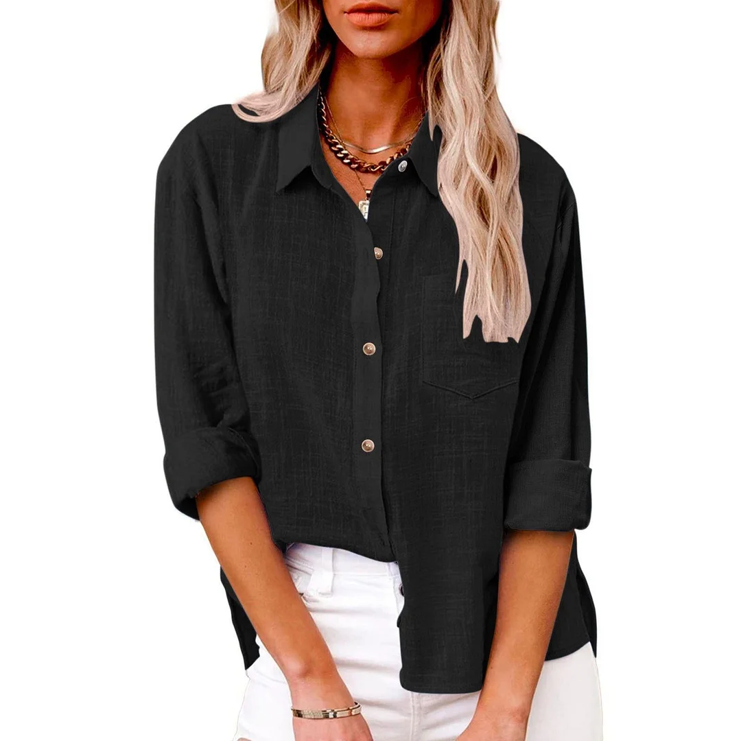 Uveng Autumn Pocket Split Linen Long-sleeved Blouses