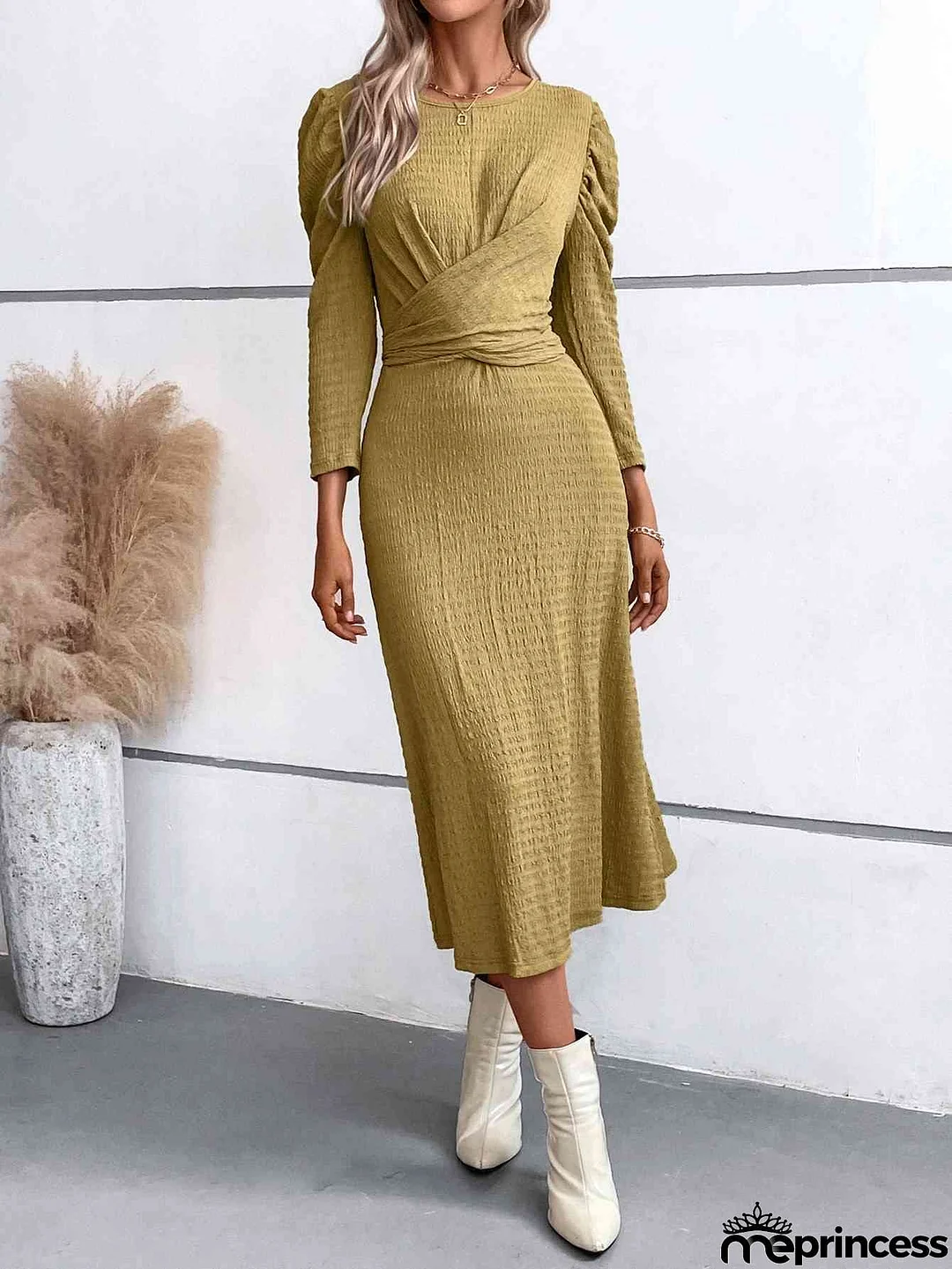 Crisscross Tied Puff Sleeve Dress