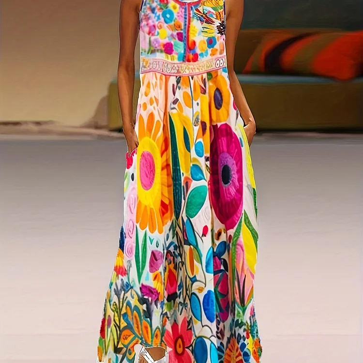 Plus Size Casual Tank Dress, Women's Plus Floral Print Round Neck Loose Fit Maxi Tank Dress