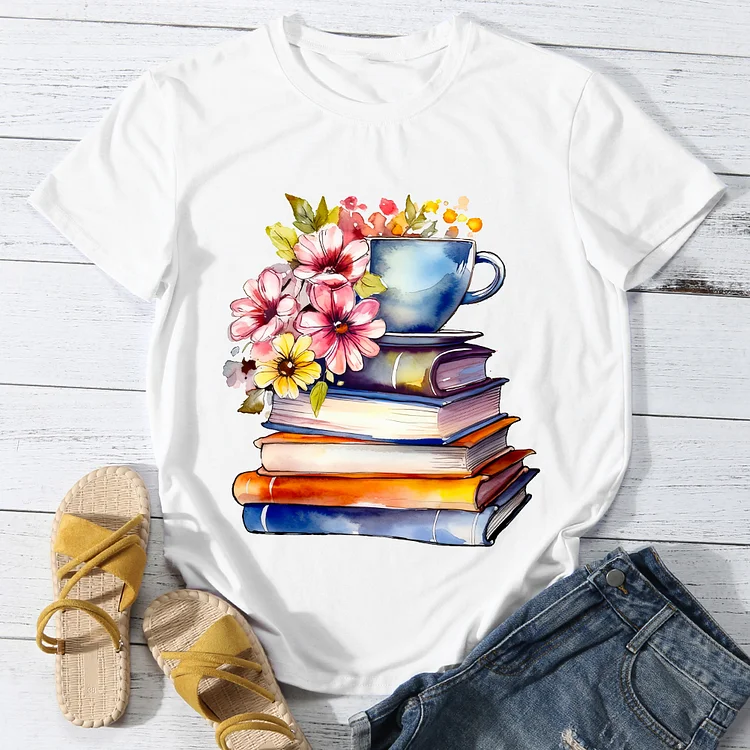 Flower And Book Women's Round Neck T-Shirt -BSTC1634