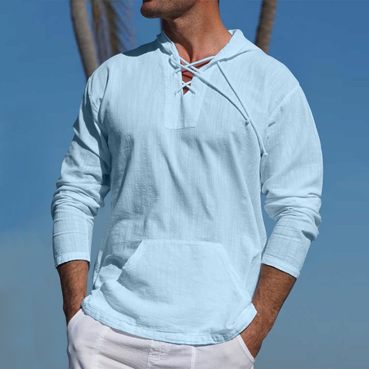 Men's Linen Tie Pocket Solid Color Hooded Long Sleeve T-Shirt Shirt