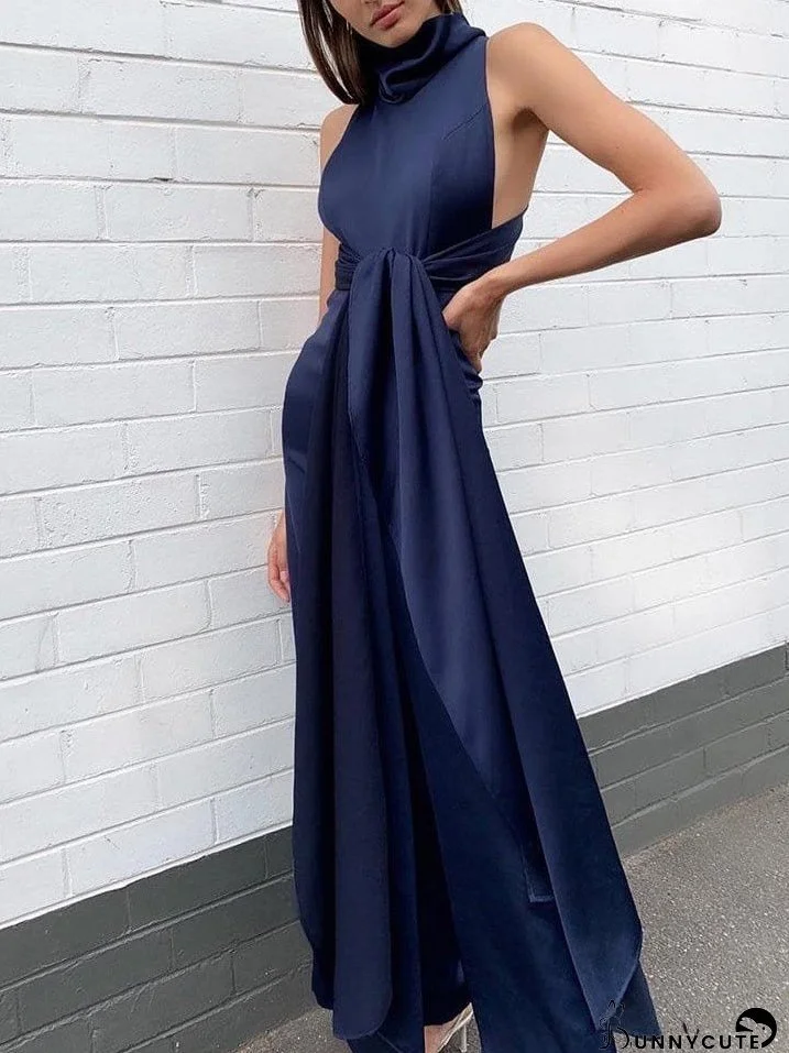 Jumpsuits Crew Neck Tie Open Back Casual Jumpsuit for Women