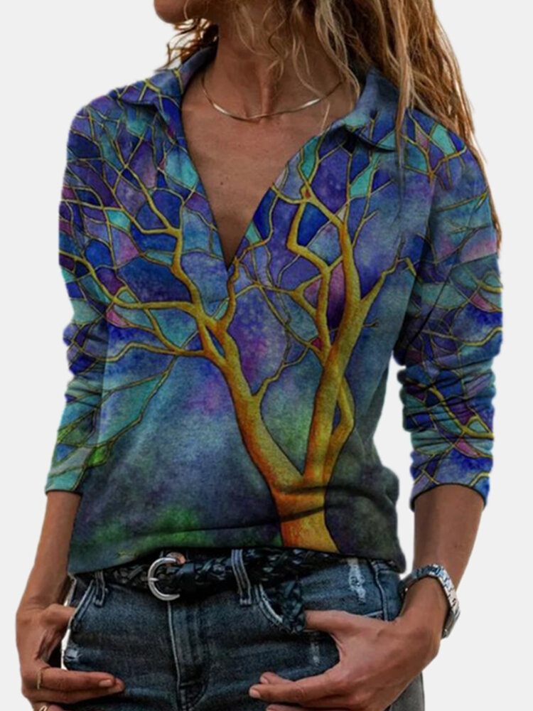 Art Painting Print Long Sleeves Lapel Collar Casual Blouse For Women P1767477