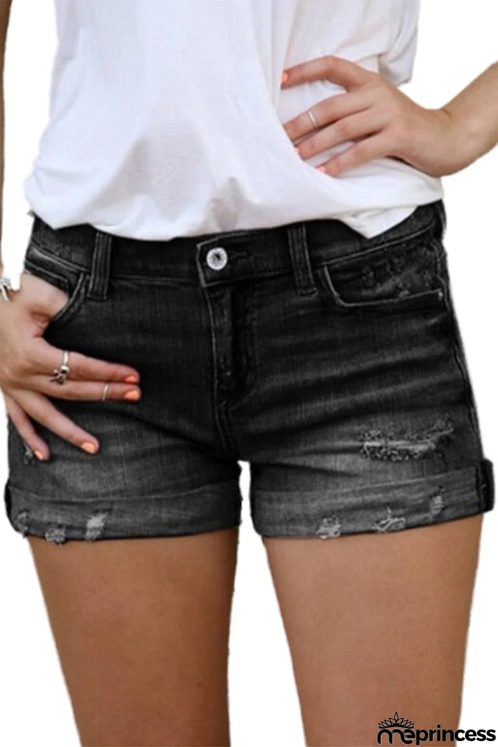 Mid Rise Distressed Denim Shorts