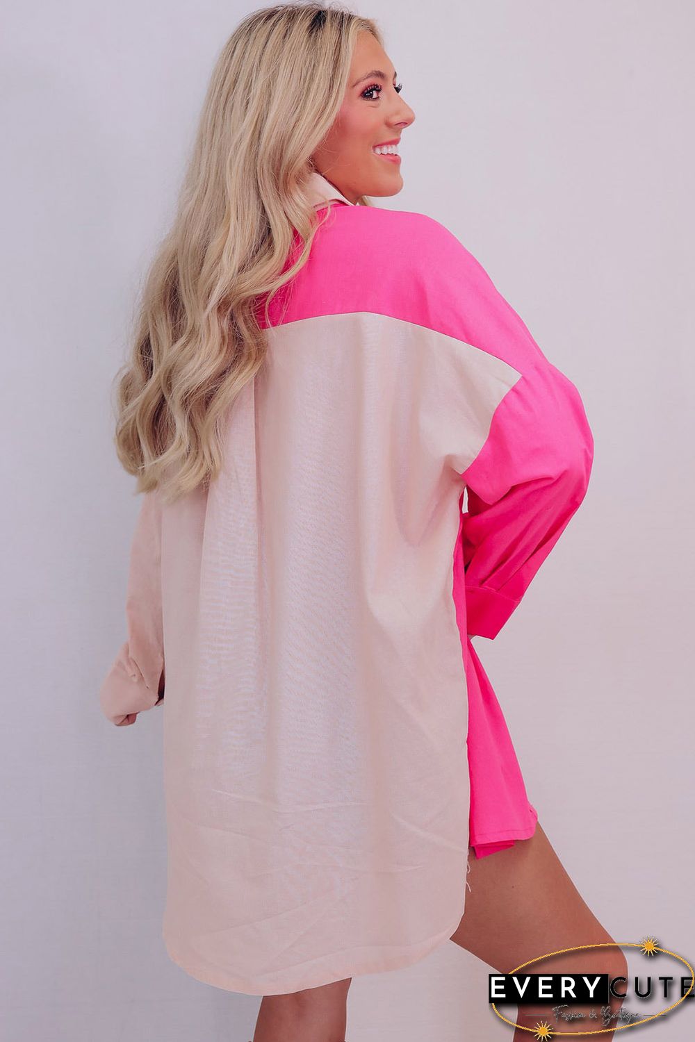 Pink Color Block Patchwork Oversized Shirt