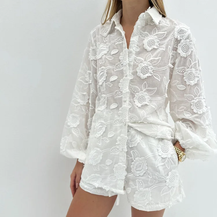 Churchf Churchf Suit 2024 Spring Autumn New Fashion Cotton Embroidered See-Through Shirt High Waist Shorts