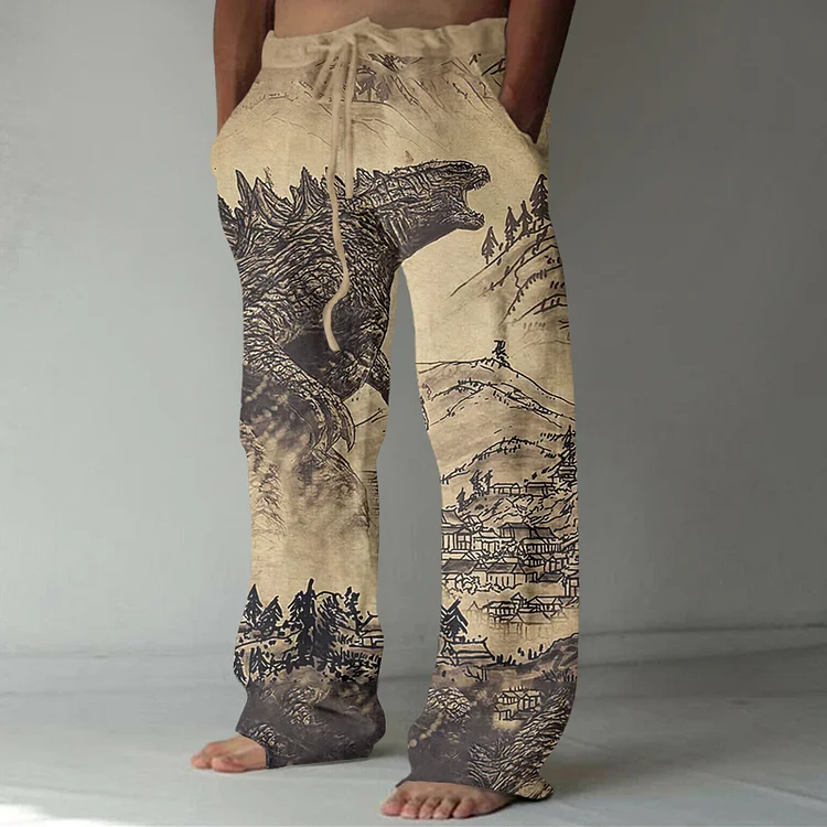 Comstylish Vintage Godzilla Japanese Art Linen Blend Casual Pants