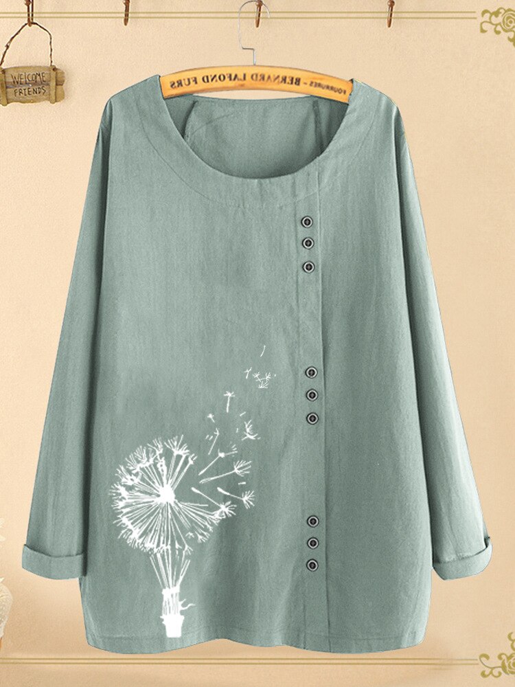 Fashion Cotton And Linen Dandelion Printing O Neck Women's T Shirt Tops Casual Loose Spring Autumn Buttons Sunflower Ladies Tees