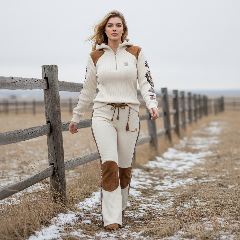 Women's Retro Ethnic Style Half-zip Hooded Sweatshirt And Trousers Set, Made Of Vertical Striped Color-blocked Suede Mat