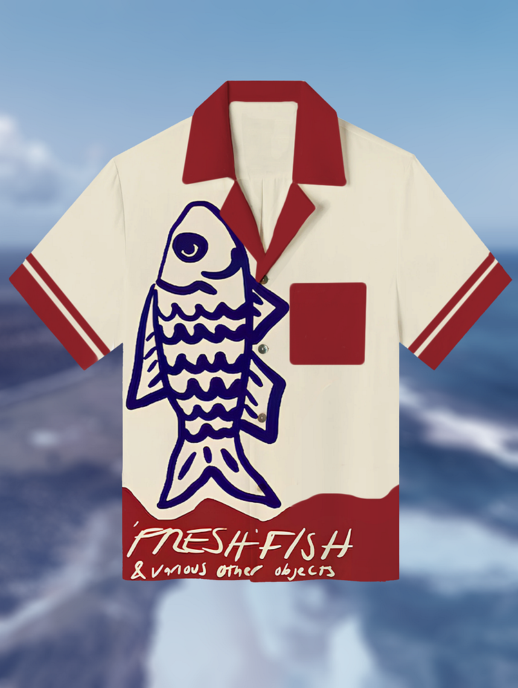 Men's Vintage Fish  Art Print Short Sleeve Shirt