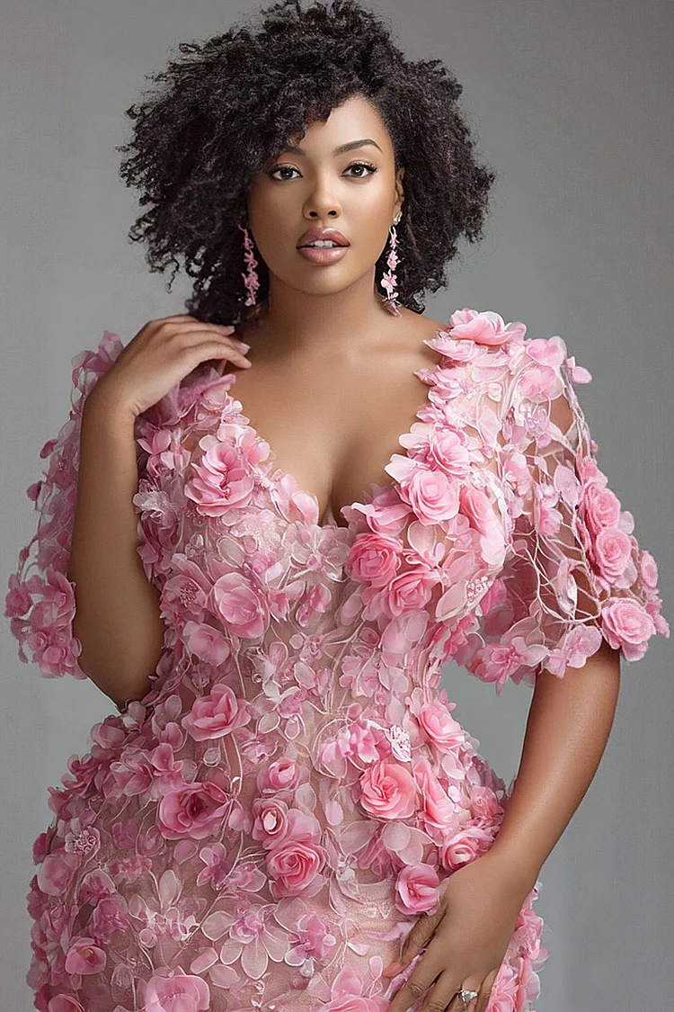 Xpluswear Design Plus Size Formal Pink V Neck Short Sleeve 3D Elegant Mermaid Maxi Dresses [Pre-Order]