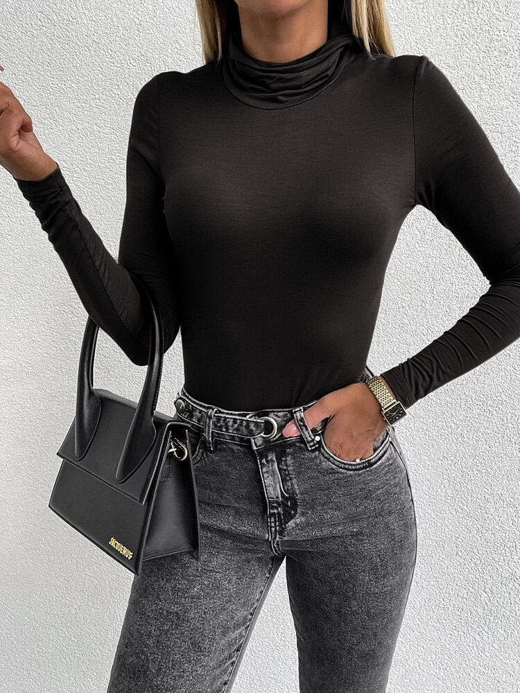 WannaThis Turtleneck Bodysuits Basic Black Female Autumn Long Sleeve Fashion Sexy Casual Slim Sport Tops Overall For Women 2021