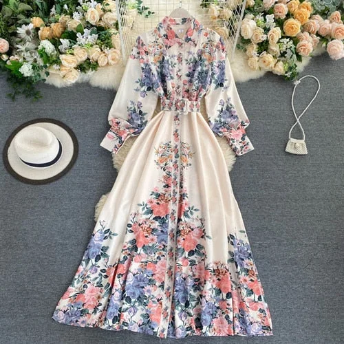 Fitaylor 2021 New Autumn Floral Print Dresses Women Turn Down Collar with Belt Single Breasted High Waist A Line Slim Dress