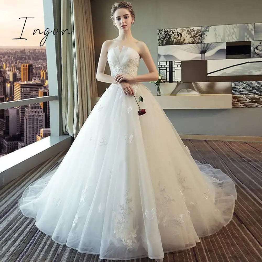 Ingvn - Real Photo Wedding Dress Luxury Lace Strapless Gown Elegant Long Train Princess Vestido De