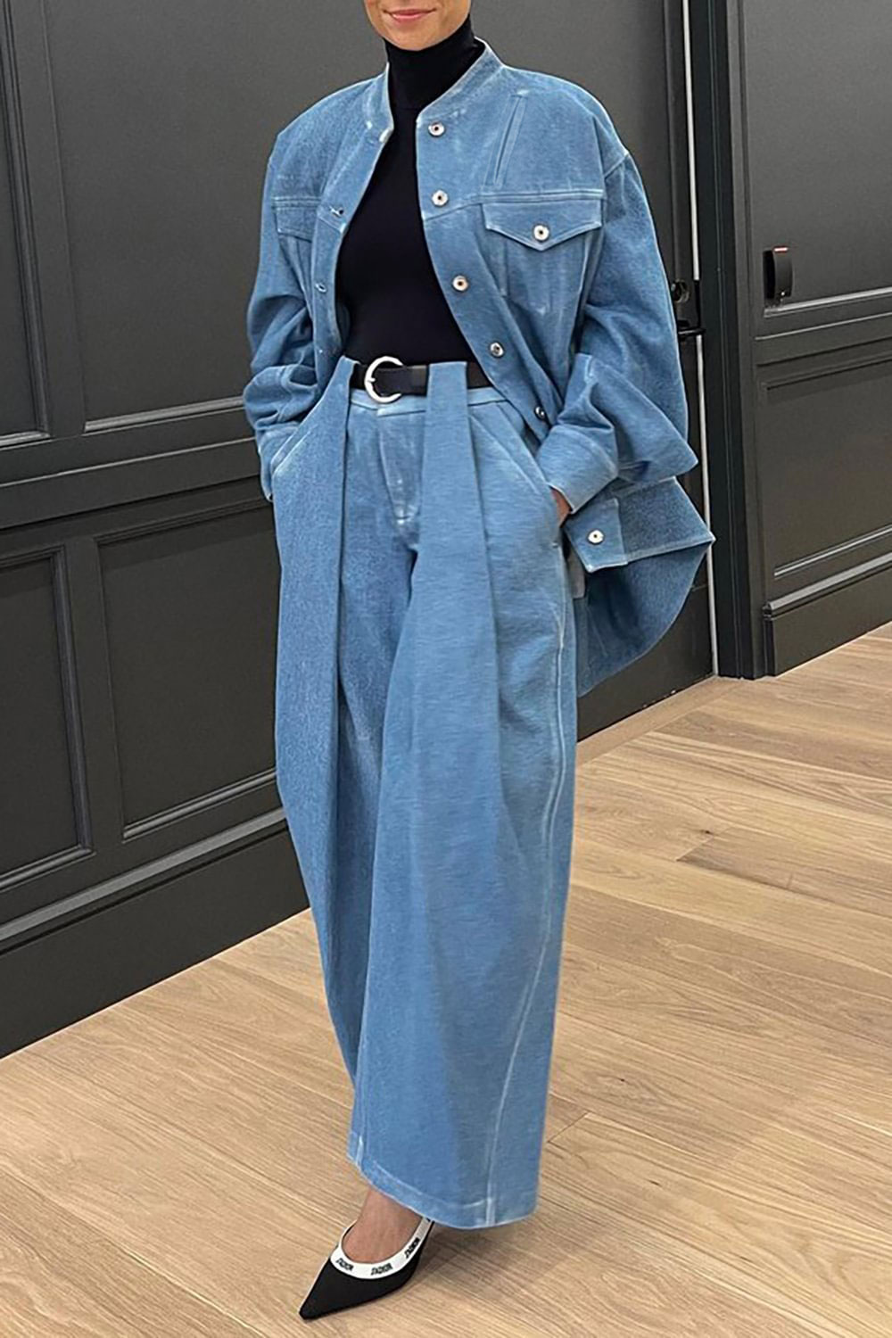 Plus Size Casual Outerwear Blue Stand Collar Regular Fit Plain Denim Jacket Outerwear