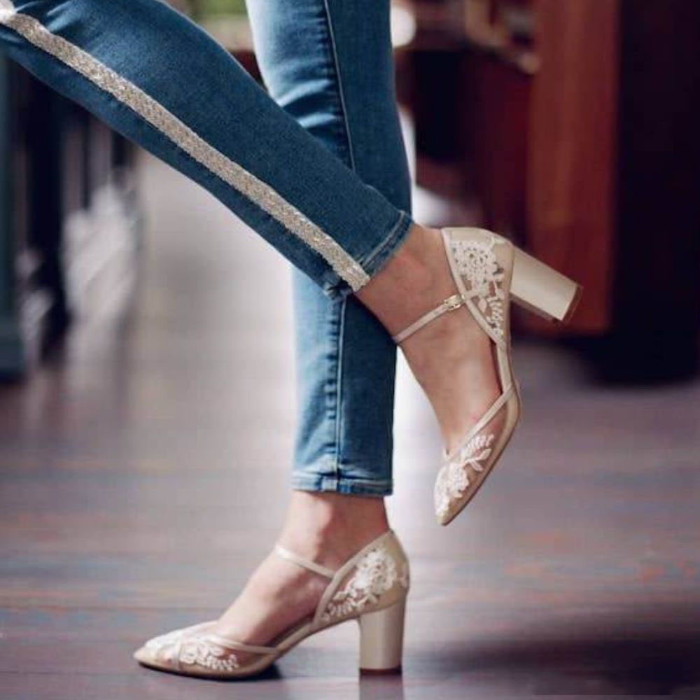 White Satin & Lace Pointed Toe Chunky Heel Ankle Strap Pumps Nicepairs